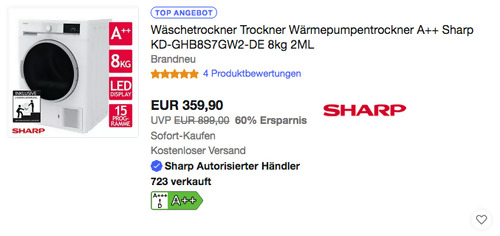 Sharp KD-GHB8S7GW2-DE 8 kg Wärmepumpentrockner, A++ Sharp KD-GHB8S7GW2-DE 8 kg Wärmepumpentrockner, A++