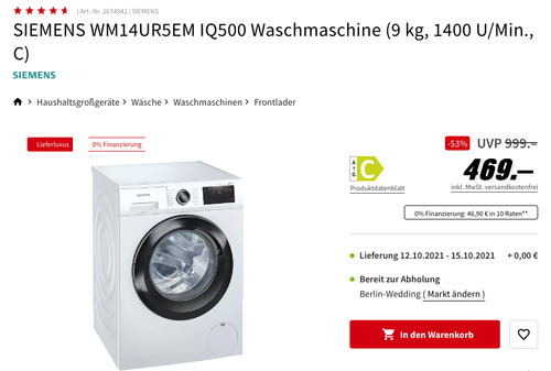 SIEMENS WM14UR5EM IQ500 Waschmaschine (9 kg, 1400 U/Min., C) SIEMENS WM14UR5EM IQ500 Waschmaschine (9 kg, 1400 U/Min., C)