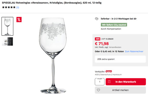 SPIEGELAU "Renaissance" 12-teiliges Rotweinglas-Set (Bordeauxglas, 620 ml) SPIEGELAU "Renaissance" 12-teiliges Rotweinglas-Set (Bordeauxglas, 620 ml)