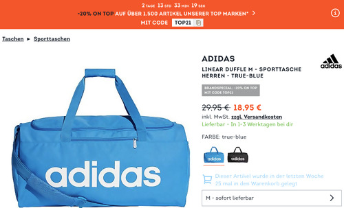 SportScheck - 20% Rabatt auf Top Marken: z.B. adidas Linear Duffle M Sporttasche, blau oder schwarz SportScheck - 20% Rabatt auf Top Marken: z.B. adidas Linear Duffle M Sporttasche, blau oder schwarz