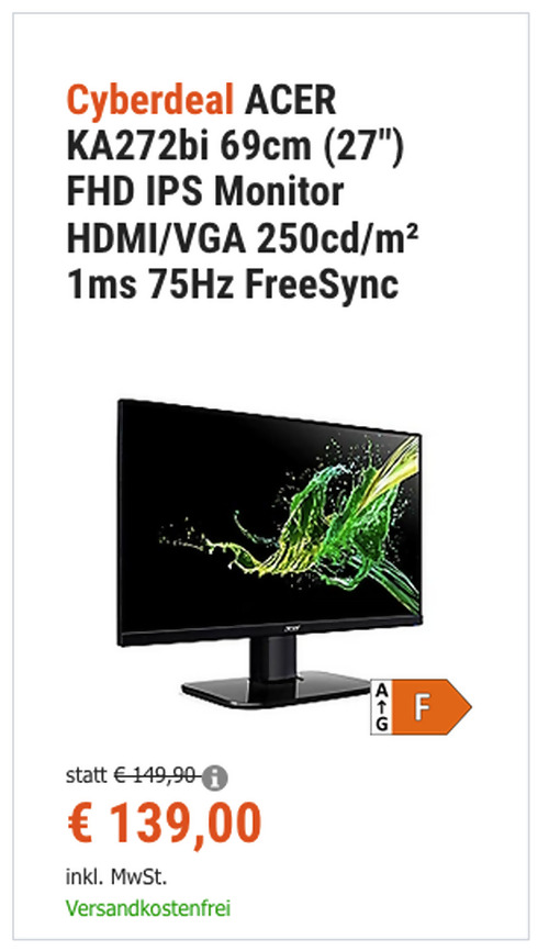 ACER KA272bi 69cm (27") FHD IPS Monitor (HDMI/VGA, 250cd/m², 1ms, 75Hz, FreeSync) ACER KA272bi 69cm (27") FHD IPS Monitor (HDMI/VGA, 250cd/m², 1ms, 75Hz, FreeSync)