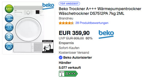 Beko DS7512PA 7kg A+++ Wärmepumpentrockner Beko DS7512PA 7kg A+++ Wärmepumpentrockner