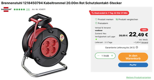 Brennenstuhl 1218450794 20m Kabeltrommel (rot, H05VV-F 3G 1,5 mm²) Brennenstuhl 1218450794 20m Kabeltrommel (rot, H05VV-F 3G 1,5 mm²)