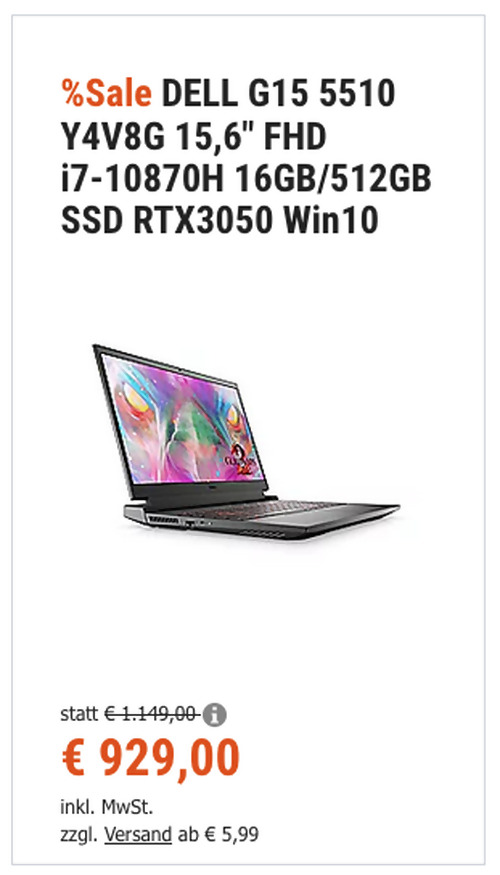 DELL G15 5510-Y4V8G 15,6" Gaming Laptop (i7-10870H, 16GB/512GB SSD, RTX3050, Win10 ) DELL G15 5510-Y4V8G 15,6" Gaming Laptop (i7-10870H, 16GB/512GB SSD, RTX3050, Win10 )