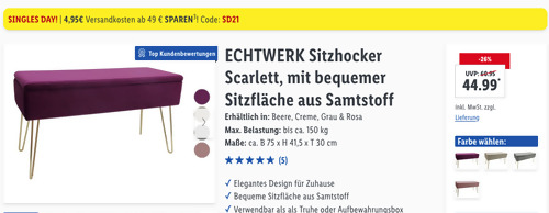 ECHTWERK 75 x 41,5 x 30 cm Sitzhocker "Scarlett", versch. Farben (Samtstoff, Truhe) - jetzt 17% billiger