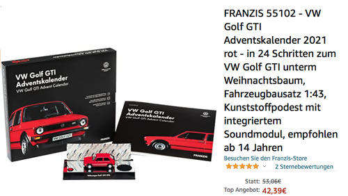 FRANZIS 55102 - VW Golf GTI Adventskalender 2021 (1:43, Podest, Soundmodul) FRANZIS 55102 - VW Golf GTI Adventskalender 2021 (1:43, Podest, Soundmodul)