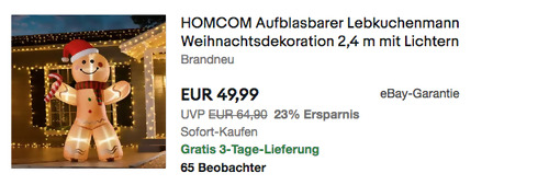 HOMCOM Aufblasbarer Lebkuchenmann mit Schokoriegel, 240 cm hoch (LED-Lichterm, wetterfestes Polyestergewebe) HOMCOM Aufblasbarer Lebkuchenmann mit Schokoriegel, 240 cm hoch (LED-Lichterm, wetterfestes Polyestergewebe)