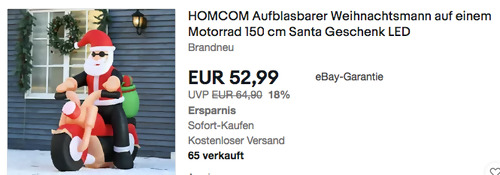 HOMCOM Aufblasbarer Weihnachtsmann auf einem Motorrad, 150 cm HOMCOM Aufblasbarer Weihnachtsmann auf einem Motorrad, 150 cm