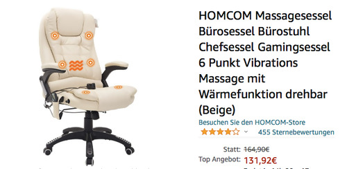 HOMCOM Massagesessel Bürosessel mit Wärmefunktion, beige (6 Schwingmassagepunkte) - jetzt 11% billiger