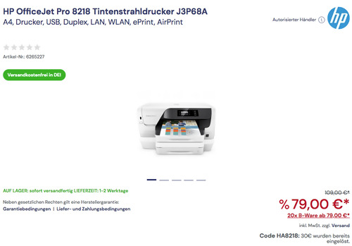 HP OfficeJet Pro 8218 A4 Tintenstrahldrucker J3P68A (USB, Duplex, LAN, WLAN, ePrint, AirPrint) HP OfficeJet Pro 8218 A4 Tintenstrahldrucker J3P68A (USB, Duplex, LAN, WLAN, ePrint, AirPrint)