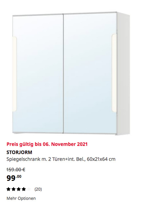 IKEA Duisburg - STORJORM Spiegelschrank m. 2 Türen+int. Bel., weiß, 60x21x64 cm - jetzt 38% billiger IKEA Duisburg - STORJORM Spiegelschrank m. 2 Türen+int. Bel., weiß, 60x21x64 cm - jetzt 38% billiger