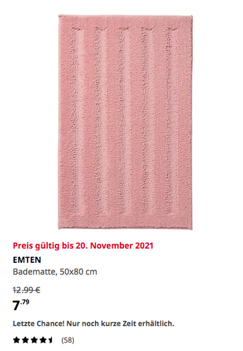 IKEA Kamen - EMTEN Badematte, hellrosa, 50x80 cm - jetzt 38% billiger