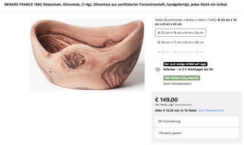 Otto.de - 11% Rabatt auf Mode & Wohnen: z.B. BERARD FRANCE 1892  Ø 23 x 16 x 8 x 24 cm Obstschale aus Olivenholz, handgefertigt - jetzt 11% billiger