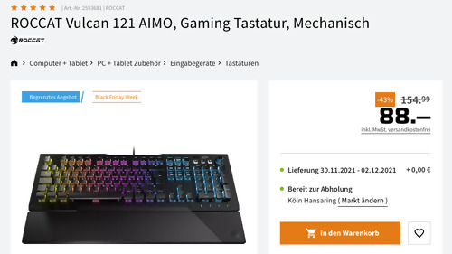 ROCCAT Vulcan 121 AIMO TACTILE RED SWITCH Gaming Tastatur (ROC-12-670-RD, USB, Mechanisch) ROCCAT Vulcan 121 AIMO TACTILE RED SWITCH Gaming Tastatur (ROC-12-670-RD, USB, Mechanisch)