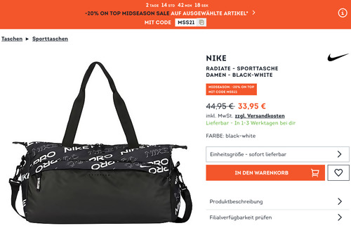 SportScheck - 20% Rabatt auf ausgewählte Artikel: z.B. Nike Radiate - Damen Sporttasche, black/white (ca. 50 x 33 x 22 cm) SportScheck - 20% Rabatt auf ausgewählte Artikel: z.B. Nike Radiate - Damen Sporttasche, black/white (ca. 50 x 33 x 22 cm)