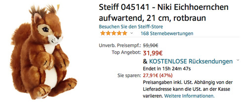 Steiff 045141 - Niki Eichhoernchen aufwartend, 21 cm (Webpelz, rotbraun) Steiff 045141 - Niki Eichhoernchen aufwartend, 21 cm (Webpelz, rotbraun)