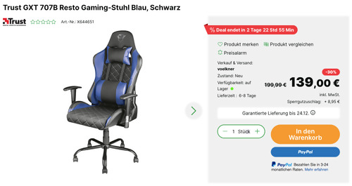 Trust GXT 707B Resto Gaming-Stuhl Blau/Schwarz, Kunstleder Trust GXT 707B Resto Gaming-Stuhl Blau/Schwarz, Kunstleder