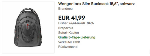 Wenger 605081 15,6" Ibex Slim Laptop-Rucksack, schwarz (19 Liter Volumen) Wenger 605081 15,6" Ibex Slim Laptop-Rucksack, schwarz (19 Liter Volumen)