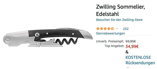 Zwilling Sommelier (Rostfreier 18/10 Edelstahl, 3-in-1 Funktion) - jetzt 26% billiger Zwilling Sommelier (Rostfreier 18/10 Edelstahl, 3-in-1 Funktion) - jetzt 26% billiger