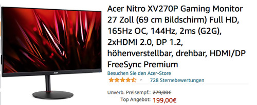 Acer Nitro XV270P 27 Zoll (69 cm) Gaming Monitor (165Hz OC, 144Hz, 2ms (G2G), 2xHDMI 2.0, DP 1.2) Acer Nitro XV270P 27 Zoll (69 cm) Gaming Monitor (165Hz OC, 144Hz, 2ms (G2G), 2xHDMI 2.0, DP 1.2)