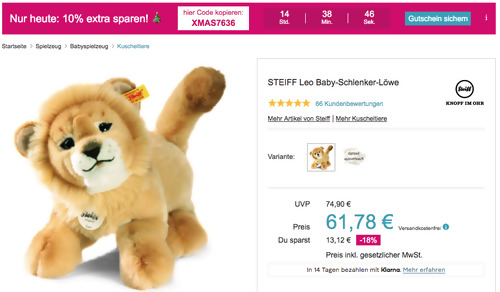 Babymarkt.de - 10% Rabatt auf fast alles am 19.12.21: z.B. STEIFF Leo Baby-Schlenker-Löwe, 28 cm Babymarkt.de - 10% Rabatt auf fast alles am 19.12.21: z.B. STEIFF Leo Baby-Schlenker-Löwe, 28 cm