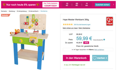Babymarkt.de - 8% Rabatt auf fast alles am 14.12.21: z.B. Hape Meister Werkbank 35 Teile (Holz, 55 x 28 x 80,7 cm) Babymarkt.de - 8% Rabatt auf fast alles am 14.12.21: z.B. Hape Meister Werkbank 35 Teile (Holz, 55 x 28 x 80,7 cm)