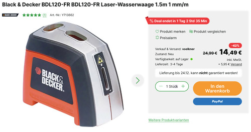 Black & Decker BDL120-FR Laser-Wasserwaage (Genauigkeit +/-1mm pro 1M °) Black & Decker BDL120-FR Laser-Wasserwaage (Genauigkeit +/-1mm pro 1M °)