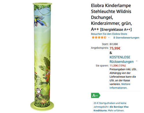 Elobra 131459 Kinderlampe/Stehleuchte "Wildnis Dschungel" (98 cm, E27) - jetzt 13% billiger Elobra 131459 Kinderlampe/Stehleuchte "Wildnis Dschungel" (98 cm, E27) - jetzt 13% billiger