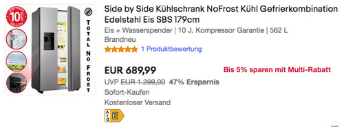 Hisense RS694N4TIE Side-by-Side Kühl-Gefrierkombination (Inox-Look, Total NoFrost, 562 Liter, 178,6 cm hoch) - jetzt 14% billiger Hisense RS694N4TIE Side-by-Side Kühl-Gefrierkombination (Inox-Look, Total NoFrost, 562 Liter, 178,6 cm hoch) - jetzt 14% billiger