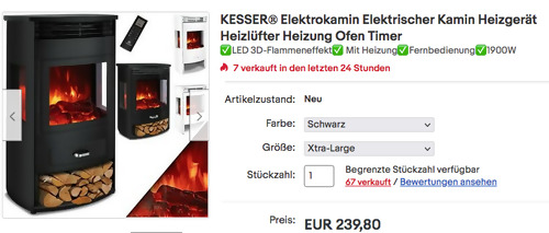 KESSER® 79 x 35,5 x 49 cm Prio Elektrokamin mit Heizlüfter, schwarz (950/1900 Watt, Fernbedienung) KESSER® 79 x 35,5 x 49 cm Prio Elektrokamin mit Heizlüfter, schwarz (950/1900 Watt, Fernbedienung)