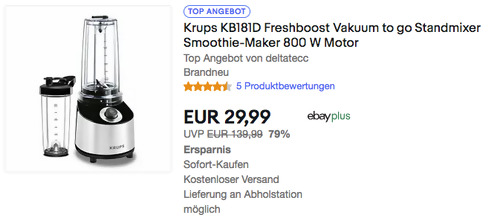 Krups KB181D Freshboost Vakuum to go Standmixer/Smoothie-Maker, 800 Watt, 2 Flaschen Krups KB181D Freshboost Vakuum to go Standmixer/Smoothie-Maker, 800 Watt, 2 Flaschen