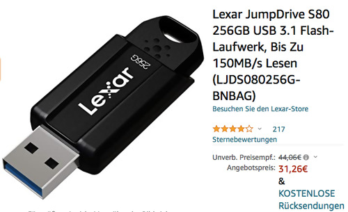 Lexar JumpDrive S80 256GB USB 3.1 Flash-Laufwerk, bis zu 150 MB/s Lesen Lexar JumpDrive S80 256GB USB 3.1 Flash-Laufwerk, bis zu 150 MB/s Lesen