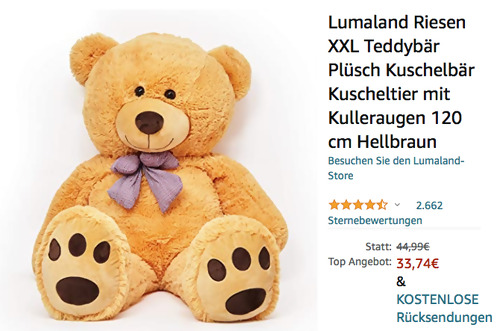 Lumaland Riesen XXL 120 cm Teddybär in Hellbraun, Braun oder Beige Lumaland Riesen XXL 120 cm Teddybär in Hellbraun, Braun oder Beige