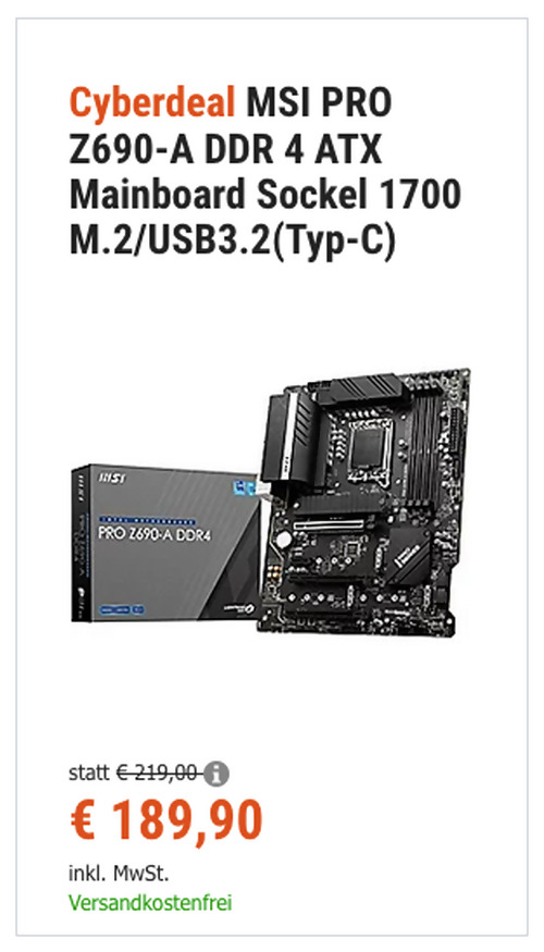 MSI PRO Z690-A DDR 4 ATX Mainboard Sockel 1700 (M.2/USB3.2(Typ-C)) MSI PRO Z690-A DDR 4 ATX Mainboard Sockel 1700 (M.2/USB3.2(Typ-C))