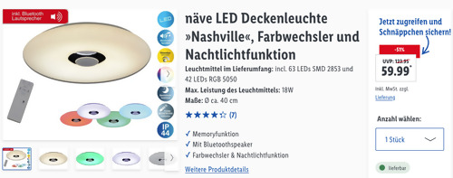 näve LED Deckenleuchte "Nashville" mit Bluetoothspeaker, Farbwechsler & Nachtlichtfunktion (Ø ca. 40 cm, 18W, ca. 900 Lumen) näve LED Deckenleuchte "Nashville" mit Bluetoothspeaker, Farbwechsler & Nachtlichtfunktion (Ø ca. 40 cm, 18W, ca. 900 Lumen)