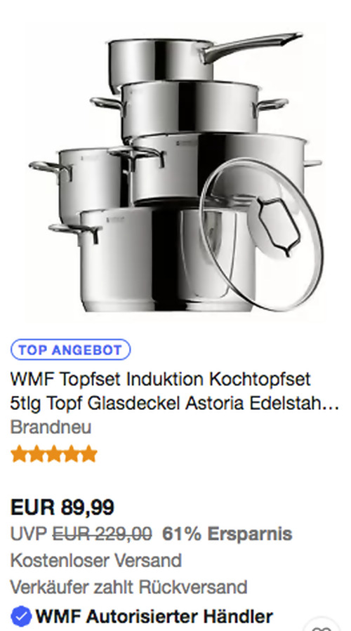 WMF Astoria Induktion Topfset 5-teilig, Edelstahl 18/10 - jetzt 18% billiger WMF Astoria Induktion Topfset 5-teilig, Edelstahl 18/10 - jetzt 18% billiger