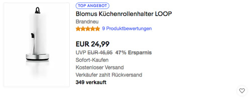 Blomus 63651 Küchenrollenhalter LOOP (ca. 15x34x15cm, Edelstahl (matt), Kunststoff) - jetzt 11% billiger