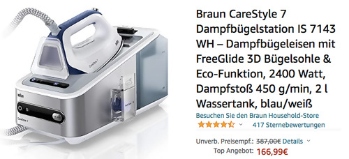 Braun CareStyle 7 Dampfbügelstation IS 7143 WH (450 g/min Dampfstoß, 2400 Watt) Braun CareStyle 7 Dampfbügelstation IS 7143 WH (450 g/min Dampfstoß, 2400 Watt)