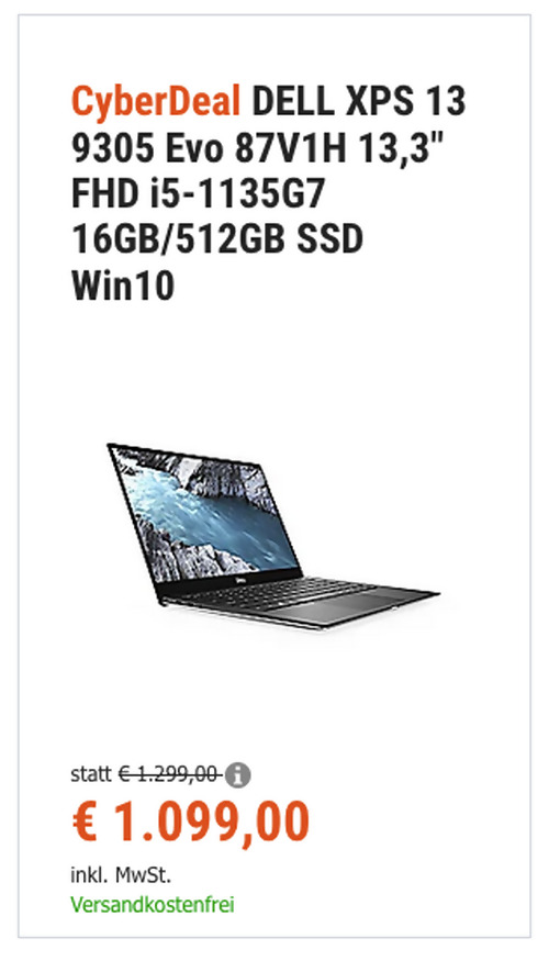 DELL XPS 13 9305 Evo 87V1H 13,3" Laptop (FHD, i5-1135G7, 16GB RAM, 512GB SSD, Win10) DELL XPS 13 9305 Evo 87V1H 13,3" Laptop (FHD, i5-1135G7, 16GB RAM, 512GB SSD, Win10)