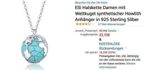 Elli Halskette Damen mit Weltkugel, Silber (70 cm lang, 1.7 cm synthetischer Howlith Anhänger) - jetzt 32% billiger