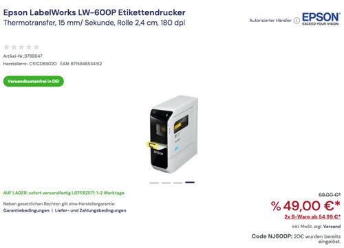 Epson LabelWorks LW-600P Etikettendrucker (Thermotransfer, 180 dpi ) Epson LabelWorks LW-600P Etikettendrucker (Thermotransfer, 180 dpi )