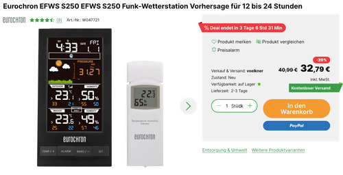 Eurochron EFWS S250 Funk-Wetterstation, Vorhersage für 12 bis 24 Stunden Eurochron EFWS S250 Funk-Wetterstation, Vorhersage für 12 bis 24 Stunden