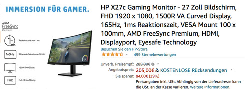 HP X27c 27 Zoll Curved Gaming Monitor (FHD 1920 x 1080, 1500R VA, 165Hz, 1ms, HDMI, DP) HP X27c 27 Zoll Curved Gaming Monitor (FHD 1920 x 1080, 1500R VA, 165Hz, 1ms, HDMI, DP)
