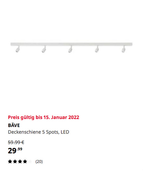 IKEA Duisburg - BÄVE Deckenschiene 5 Spots, LED, 18 W, weiß, 120 cm lang - jetzt 50% billiger
