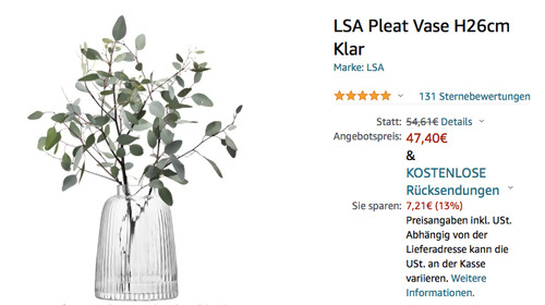 LSA Vase 26cm "Pleat" Klar (Glas, gewellte Finish) LSA Vase 26cm "Pleat" Klar (Glas, gewellte Finish)