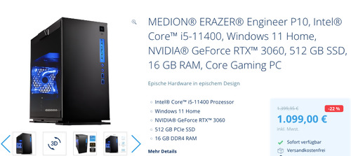 MEDION® ERAZER® Engineer P10 i5-11400 GeForce RTX 3060 Gaming PC (Windows 11 Home, 512 GB SSD, 16 GB RAM) MEDION® ERAZER® Engineer P10 i5-11400 GeForce RTX 3060 Gaming PC (Windows 11 Home, 512 GB SSD, 16 GB RAM)