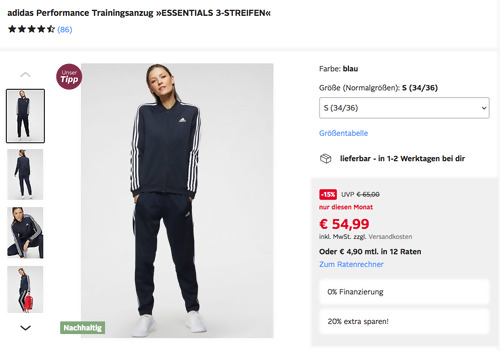 Otto.de - 20% Rabatt auf Mode: z.B. adidas Performance Damen Trainingsanzug "ESSENTIALS 3-STREIFEN", versch. Größen Otto.de - 20% Rabatt auf Mode: z.B. adidas Performance Damen Trainingsanzug "ESSENTIALS 3-STREIFEN", versch. Größen