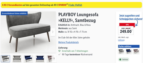 PLAYBOY Loungesofa "KELLY", versch. Farben (Samtbezug, ca. B 112 x H 76 x T 73 cm) PLAYBOY Loungesofa "KELLY", versch. Farben (Samtbezug, ca. B 112 x H 76 x T 73 cm)