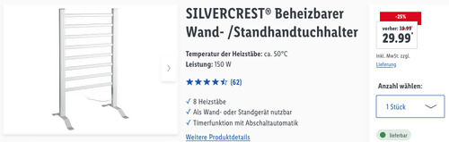 SILVERCREST Beheizbarer Wand- /Standhandtuchhalter (150 W, 8 Heizstäbe, 53 cm breit) - jetzt 22% billiger SILVERCREST Beheizbarer Wand- /Standhandtuchhalter (150 W, 8 Heizstäbe, 53 cm breit) - jetzt 22% billiger