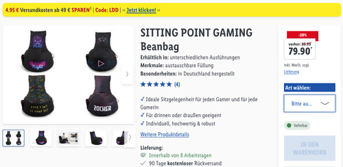 SITTING POINT GAMING Beanbag/Sitzsack, versch. Ausführungen (ca. B 65 x H 90 x T 95 cm) SITTING POINT GAMING Beanbag/Sitzsack, versch. Ausführungen (ca. B 65 x H 90 x T 95 cm)